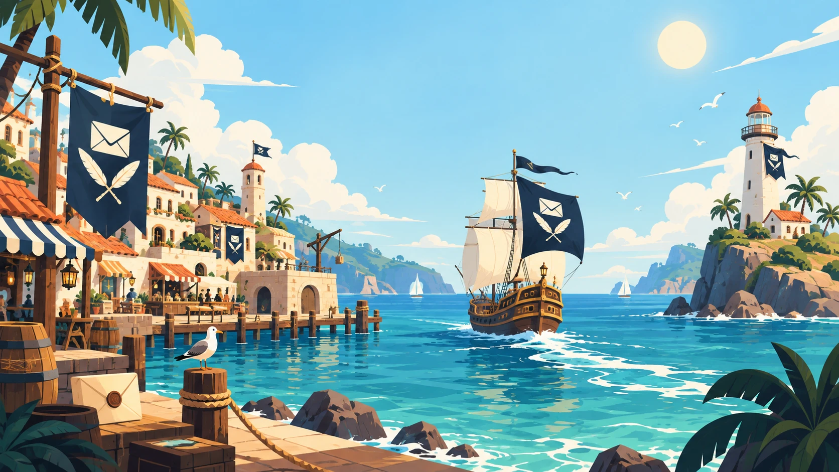 A sunlit pirate harbor, with waving mail-emblem flags, a sailing ship and turquoise water.