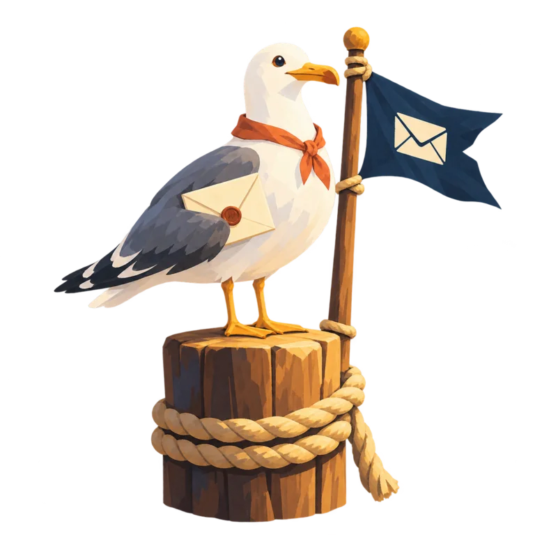 A friendly harbor gull holding a letter beside the WarmupBay flag.