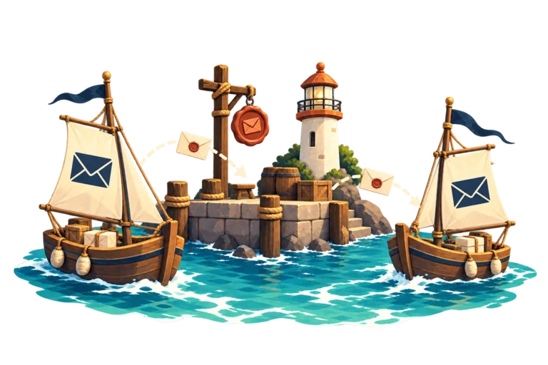 Two small postal boats exchange letters in the WarmupBay harbor.